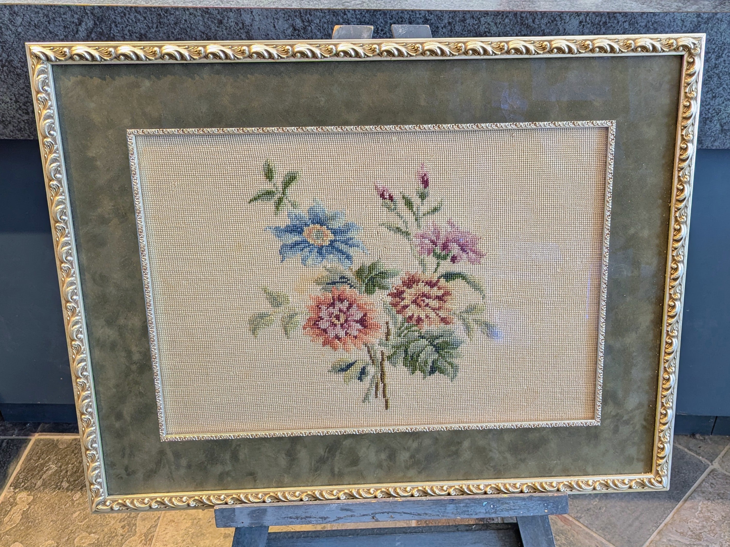 Vintage  Floral Needlepoint in Ornate Frame