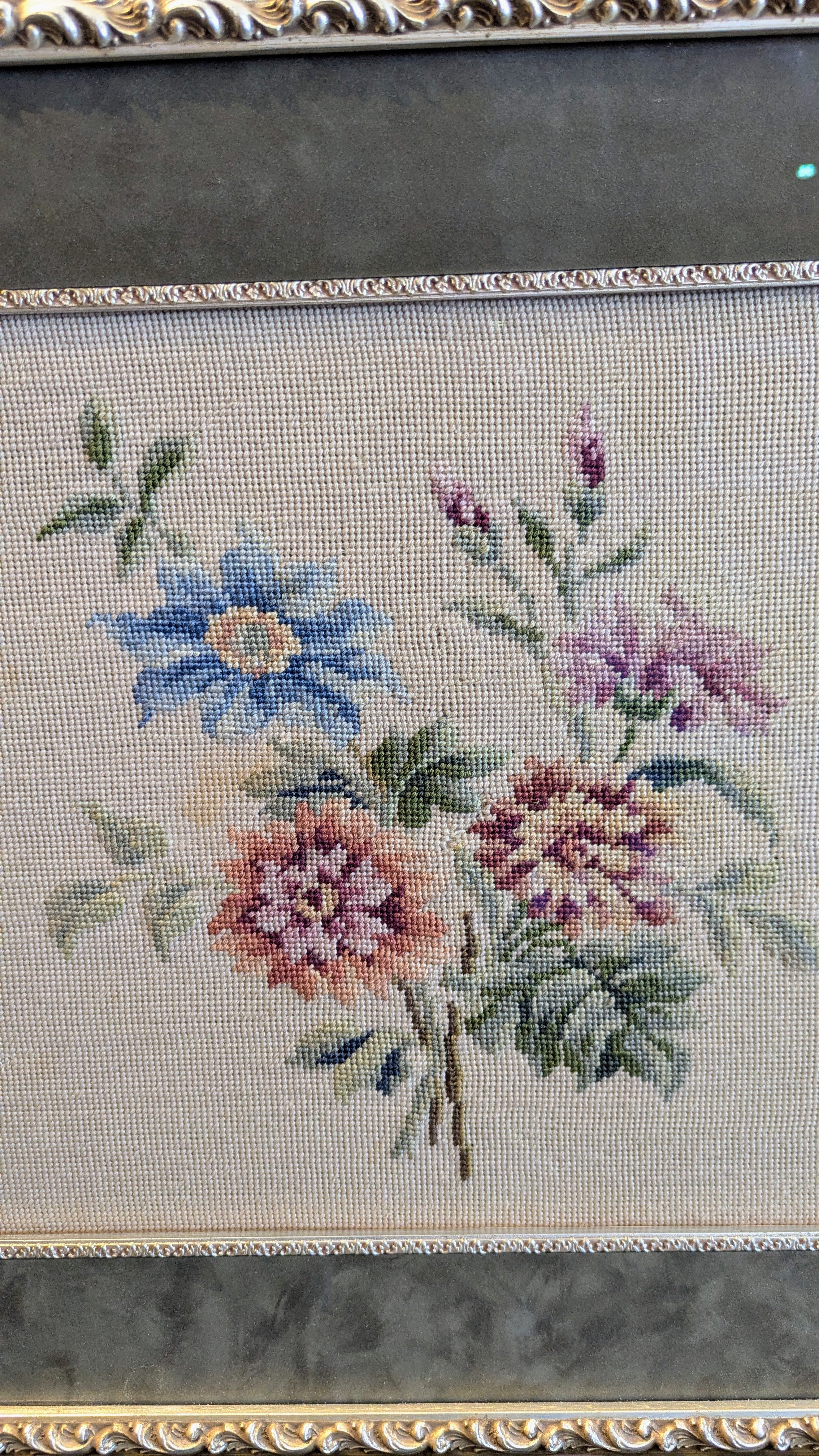 Vintage  Floral Needlepoint in Ornate Frame