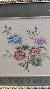 Vintage  Floral Needlepoint in Ornate Frame